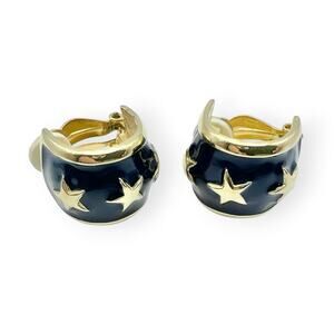 FLP Half Hoop Earrings Clip On Chunky Navy Enamel Gold Tone Stars Retro Chic Vtg